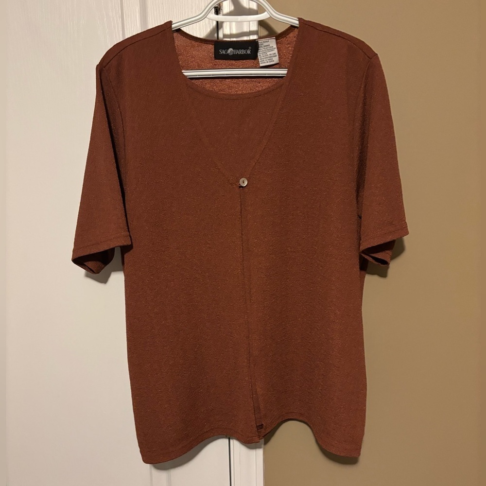 Women’s Sag Harbor Rust Brown Textured Short Sleeve Top Size Large Brown